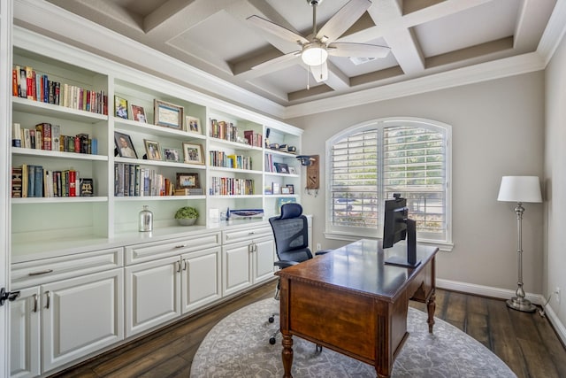 20103 Kirkstone Terrace Ct, Spring, TX 77379 - office space featuring ceiling fan, coffered ceiling, dark wood-style flooring, baseboards, and beamed ceiling
