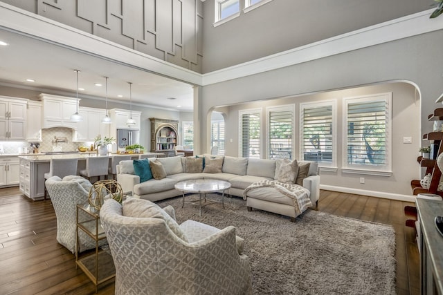 20103 Kirkstone Terrace Ct, Spring, TX 77379 - living area featuring dark wood-type flooring, recessed lighting, and crown molding