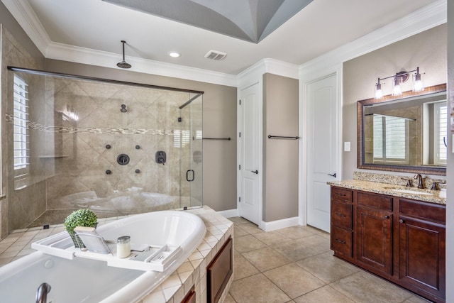 20103 Kirkstone Terrace Ct, Spring, TX 77379 - bathroom with a shower stall, a bath, ornamental molding, vanity, and tile patterned floors