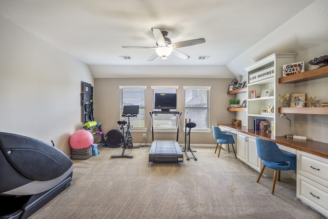 20103 Kirkstone Terrace Ct, Spring, TX 77379 - workout area with built in study area, light colored carpet, lofted ceiling, and a ceiling fan