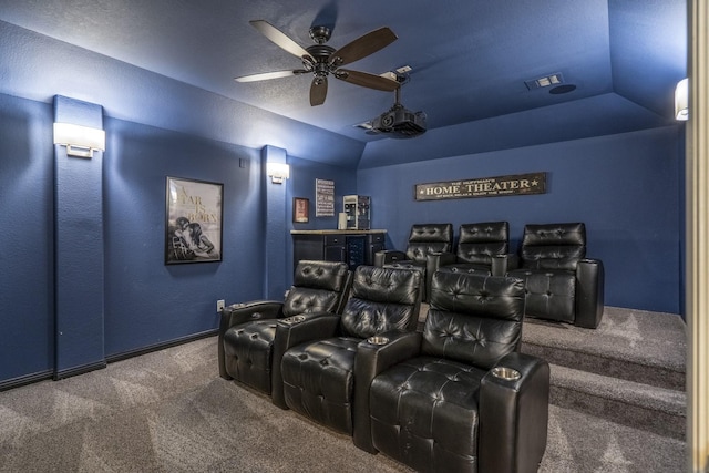 20103 Kirkstone Terrace Ct, Spring, TX 77379 - carpeted home theater room featuring a ceiling fan and lofted ceiling