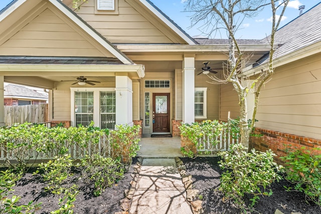 10446 Antelope Aly, Missouri City, TX 77459 - entrance to property with ceiling fan, fence, and a porch