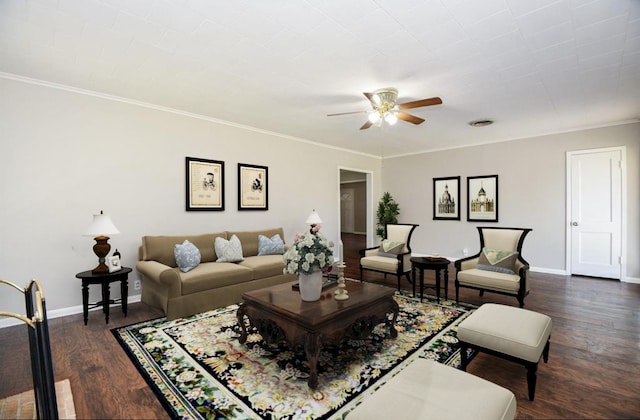 1225 Kirsten St, Galveston, TX 77568 - living room featuring ceiling fan, dark wood-style floors, baseboards, and ornamental molding