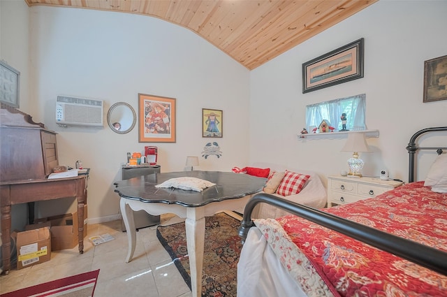 30926 Hilltop Ln, Magnolia, TX 77354 - bedroom featuring wooden ceiling, vaulted ceiling, an AC wall unit, and tile patterned floors