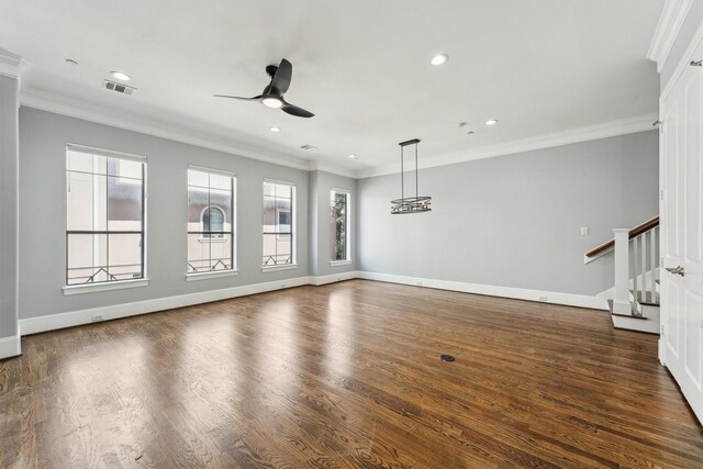 3302 Audley St Unit 110, Houston, TX 77098 - unfurnished living room with ceiling fan, ornamental molding, stairway, dark wood finished floors, and recessed lighting