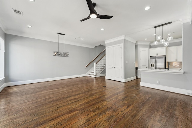 3302 Audley St Unit 110, Houston, TX 77098 - unfurnished living room featuring a ceiling fan, crown molding, recessed lighting, stairway, and baseboards