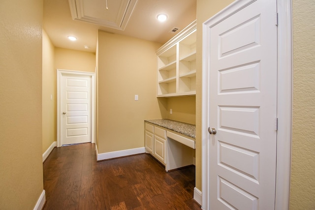 5450 Pudman River Ln, Sugar Land, TX 77479 - hallway featuring dark wood-style floors, attic access, baseboards, recessed lighting, and an office area