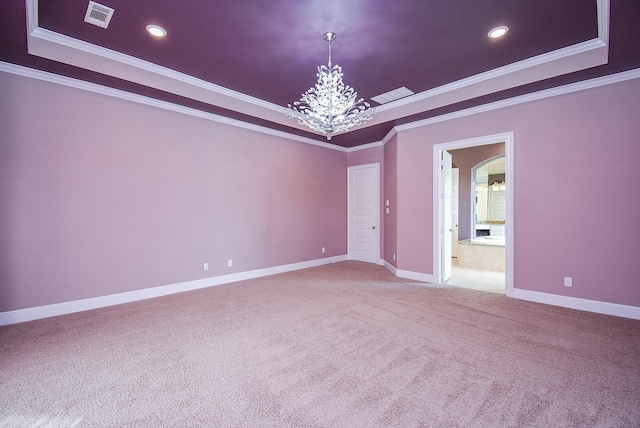 5450 Pudman River Ln, Sugar Land, TX 77479 - unfurnished room with a tray ceiling, ornamental molding, a chandelier, carpet, and baseboards