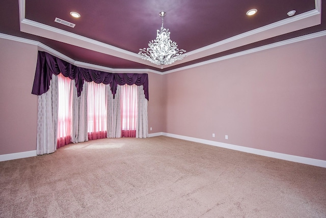 5450 Pudman River Ln, Sugar Land, TX 77479 - empty room featuring a raised ceiling, a chandelier, crown molding, carpet flooring, and baseboards