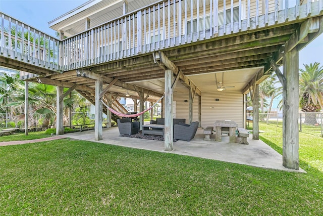 4606 Jamaica Cove Rd, Jamaica Beach, TX 77554 - view of patio with a deck, a ceiling fan, and an outdoor hangout area