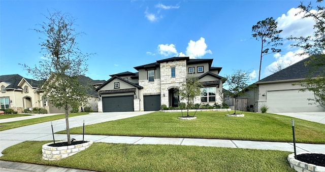 1215 Tallow Park Ln, Pinehurst, TX 77362 - french country home featuring stone siding, concrete driveway, a front yard, and a residential view