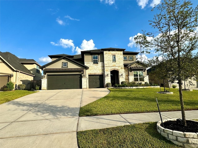1215 Tallow Park Ln, Pinehurst, TX 77362 - french country home featuring stone siding, a front yard, and concrete driveway