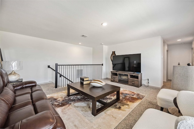 14714 Sweet Water Dr, Baytown, TX 77523 - living room featuring light carpet, baseboards, and recessed lighting