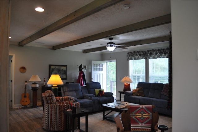 280 Lakewood Cir, Brenham, TX 77833 - living room featuring baseboards, wood finished floors, beam ceiling, ceiling fan, and recessed lighting