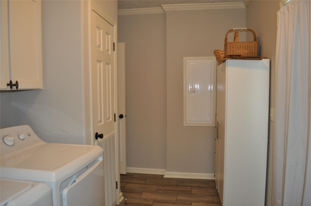 280 Lakewood Cir, Brenham, TX 77833 - laundry area with cabinet space, separate washer and dryer, dark wood-type flooring, ornamental molding, and electric panel