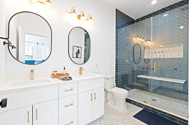 128 N Jenkins St, Houston, TX 77003 - bathroom with a shower stall, toilet, double vanity, and tile patterned flooring