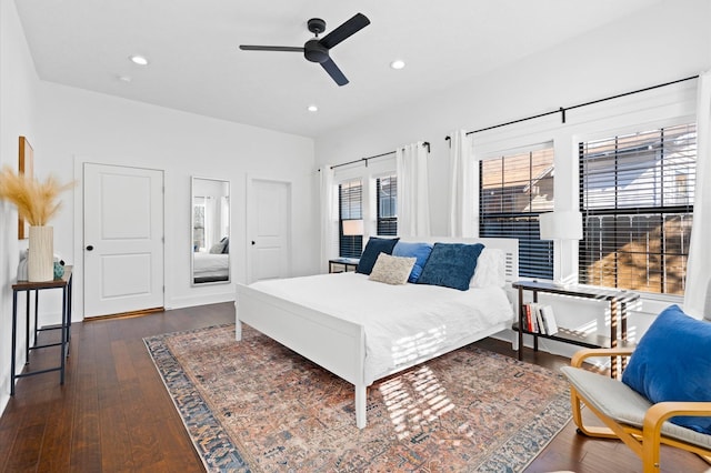 128 N Jenkins St, Houston, TX 77003 - bedroom with dark wood finished floors, recessed lighting, and a ceiling fan