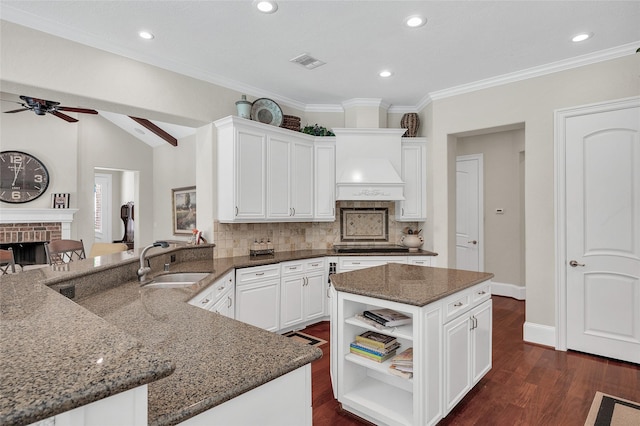 kitchen with a sink, open shelves, a ceiling fan, tasteful backsplash, and dark stone countertops