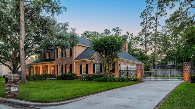 view of front of home featuring brick siding, concrete driveway, a chimney, and a garage