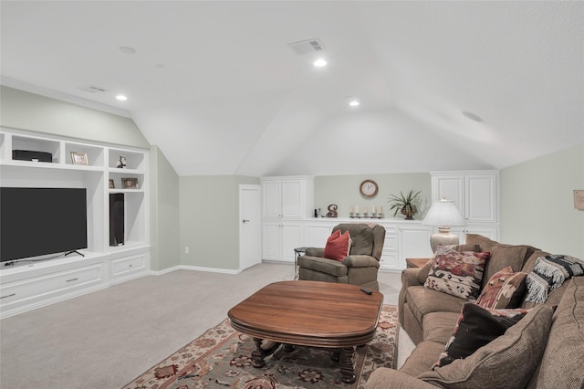 living room featuring light colored carpet, vaulted ceiling, built in features, and recessed lighting