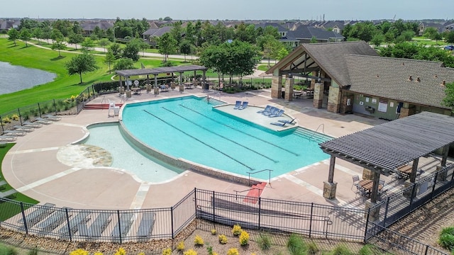 14923 Cutleaf Ln, Cypress, TX 77429 - community pool featuring a patio area, a gazebo, and a water view