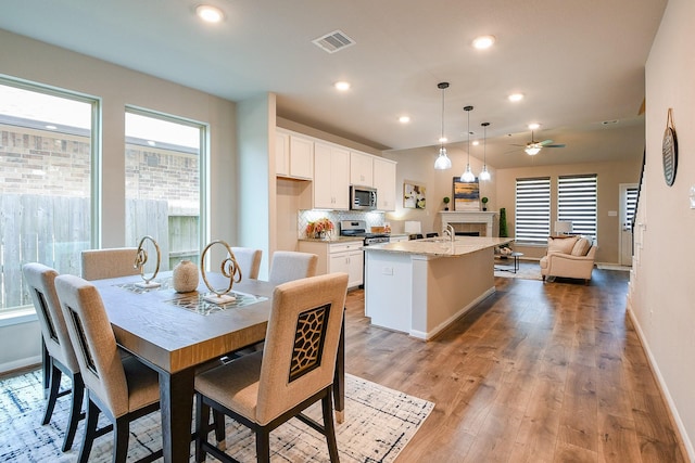 14923 Cutleaf Ln, Cypress, TX 77429 - dining space featuring a ceiling fan, healthy amount of natural light, light wood finished floors, and recessed lighting