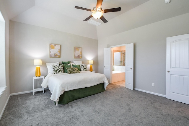 14923 Cutleaf Ln, Cypress, TX 77429 - bedroom featuring carpet, ensuite bath, ceiling fan, and high vaulted ceiling