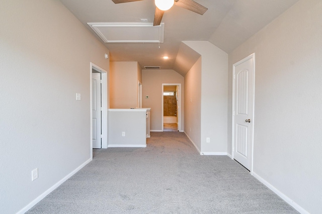 14923 Cutleaf Ln, Cypress, TX 77429 - carpeted spare room with lofted ceiling, a ceiling fan, and attic access