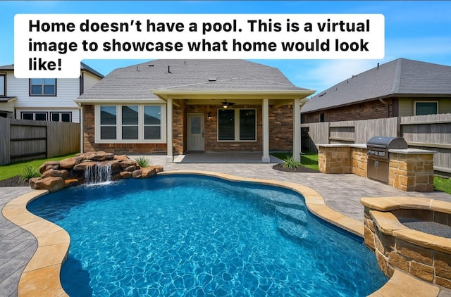 14923 Cutleaf Ln, Cypress, TX 77429 - view of swimming pool with area for grilling, a patio area, a fenced backyard, and a ceiling fan