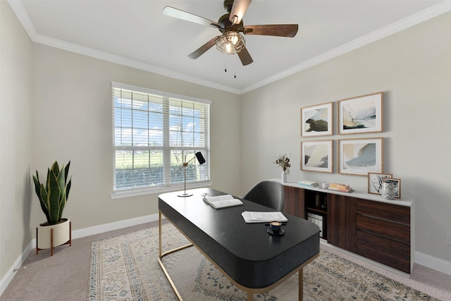 19115 Blooms Rise Dr, Tomball, TX 77377 - home office featuring light carpet, baseboards, a ceiling fan, and ornamental molding