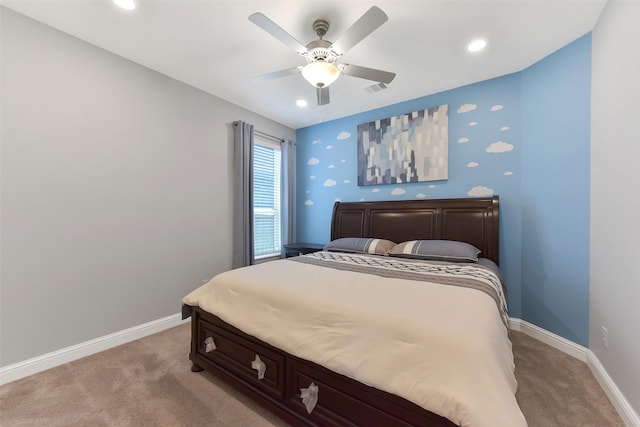 19115 Blooms Rise Dr, Tomball, TX 77377 - bedroom featuring light carpet, baseboards, recessed lighting, and a ceiling fan