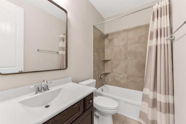 19115 Blooms Rise Dr, Tomball, TX 77377 - bathroom featuring toilet, tile patterned flooring, vanity, and shower / tub combo with curtain