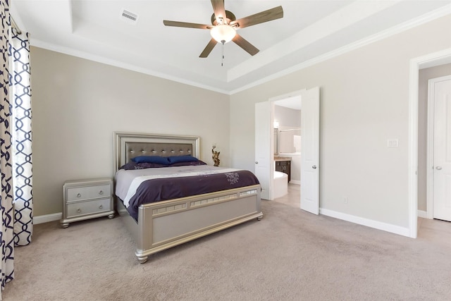 19115 Blooms Rise Dr, Tomball, TX 77377 - carpeted bedroom with a raised ceiling, crown molding, ensuite bathroom, baseboards, and ceiling fan