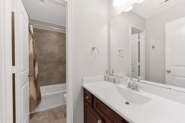 19115 Blooms Rise Dr, Tomball, TX 77377 - full bathroom featuring toilet, vanity, tile patterned flooring, and shower / tub combo with curtain