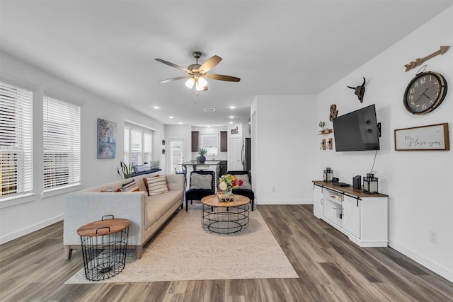 12311 Summerbrook Dr, Houston, TX 77066 - living area with a ceiling fan, dark wood finished floors, baseboards, and recessed lighting