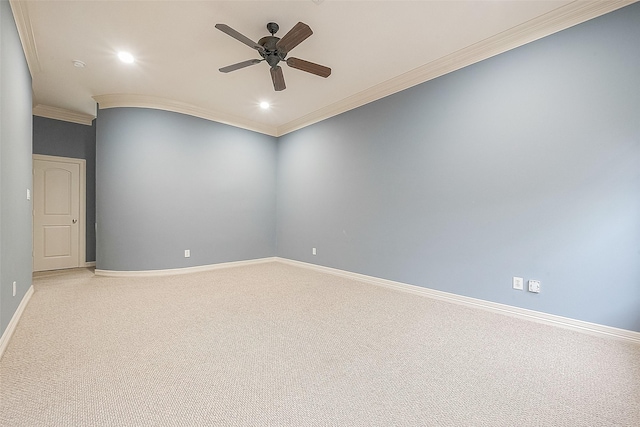 6014 Hamman St, Houston, TX 77007 - unfurnished room featuring a ceiling fan, recessed lighting, ornamental molding, light carpet, and baseboards