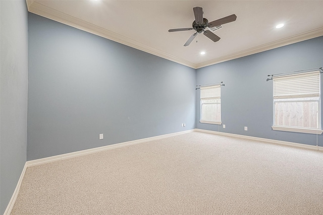 6014 Hamman St, Houston, TX 77007 - carpeted empty room with ornamental molding, baseboards, ceiling fan, and recessed lighting