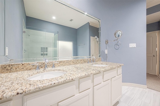 6014 Hamman St, Houston, TX 77007 - full bathroom featuring a shower stall, double vanity, and baseboards