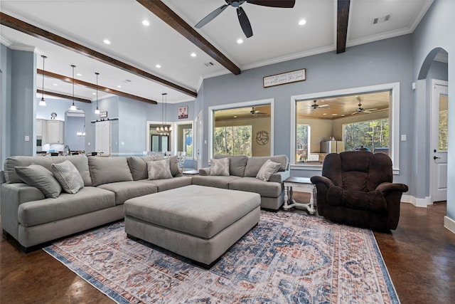 11410 Sunset Ave, Magnolia, TX 77354 - living area featuring concrete floors, a ceiling fan, beamed ceiling, recessed lighting, and arched walkways