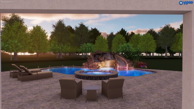 11410 Sunset Ave, Magnolia, TX 77354 - view of swimming pool with a water slide, a patio, and a pool with connected hot tub