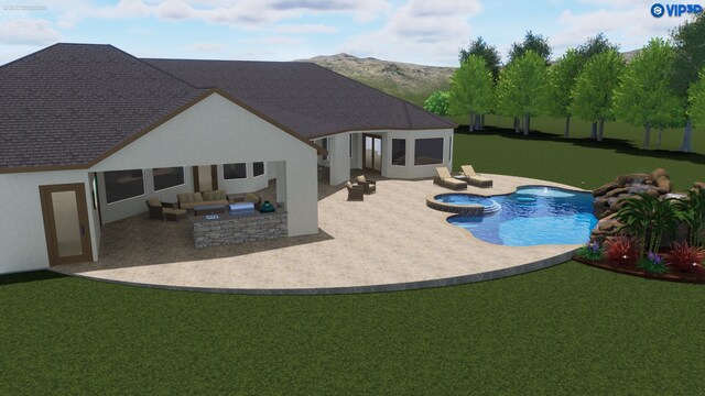 11410 Sunset Ave, Magnolia, TX 77354 - view of pool featuring an outdoor living space, a patio area, a pool with connected hot tub, a lawn, and area for grilling