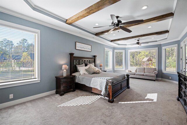 11410 Sunset Ave, Magnolia, TX 77354 - carpeted bedroom with beamed ceiling, recessed lighting, baseboards, ornamental molding, and a ceiling fan
