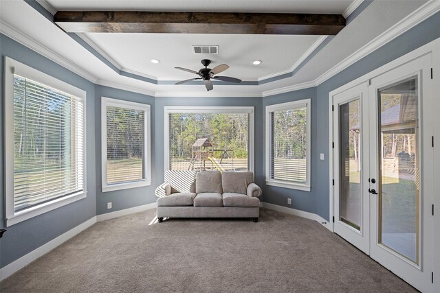 11410 Sunset Ave, Magnolia, TX 77354 - sitting room with carpet, ornamental molding, ceiling fan, baseboards, and beam ceiling