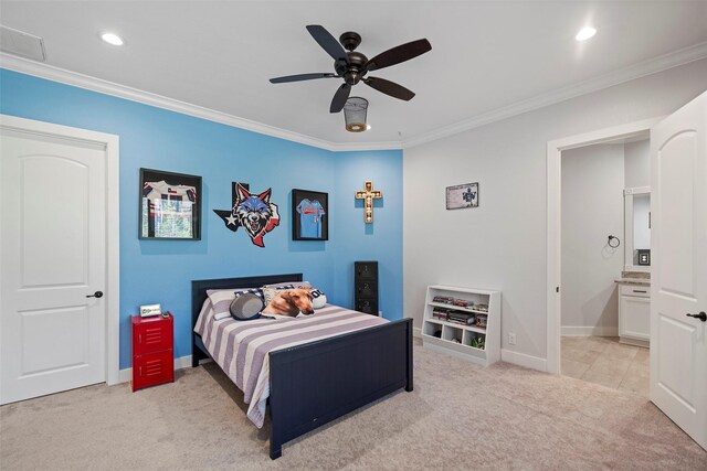 11410 Sunset Ave, Magnolia, TX 77354 - bedroom with light colored carpet, ornamental molding, recessed lighting, baseboards, and a ceiling fan