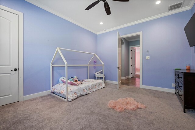 11410 Sunset Ave, Magnolia, TX 77354 - bedroom with carpet, crown molding, baseboards, recessed lighting, and ceiling fan