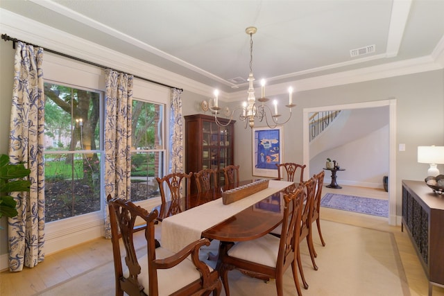 513 Rancho Bauer Dr, Houston, TX 77079 - dining room featuring a chandelier, ornamental molding, a raised ceiling, baseboards, and stairway