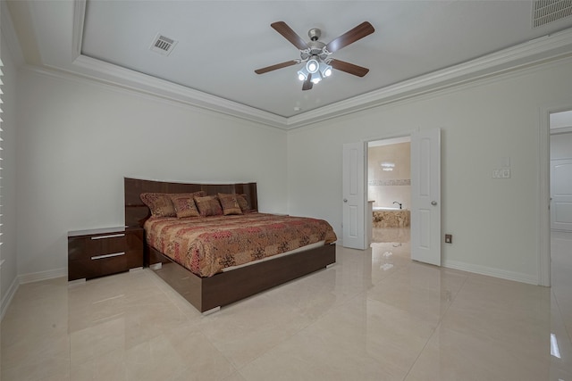 5411 Oban Terrace Ln, Sugar Land, TX 77479 - bedroom with crown molding, baseboards, light tile patterned floors, a ceiling fan, and a raised ceiling