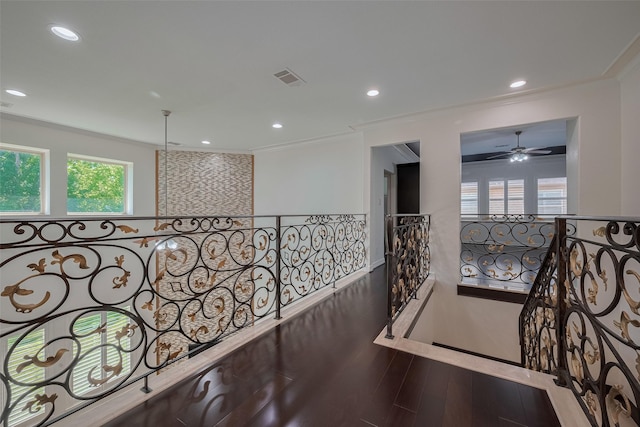 5411 Oban Terrace Ln, Sugar Land, TX 77479 - corridor with crown molding, an upstairs landing, recessed lighting, and wood finished floors