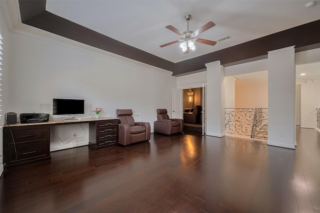 5411 Oban Terrace Ln, Sugar Land, TX 77479 - living area featuring ceiling fan, an office area, dark wood-style flooring, a tray ceiling, and crown molding