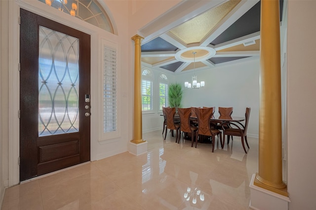 5411 Oban Terrace Ln, Sugar Land, TX 77479 - tiled foyer entrance with decorative columns, coffered ceiling, baseboards, a chandelier, and beamed ceiling